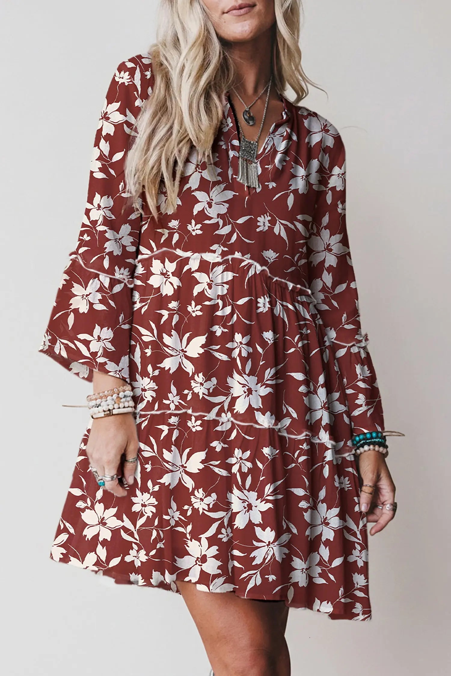 Red Boho Floral Print Lettuce Trim Mini Dress With Three Quarter Sleeves Dear-Lover Dropshipping