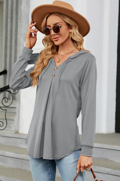 Decorative Button Drawstring Long Sleeve Hoodie.