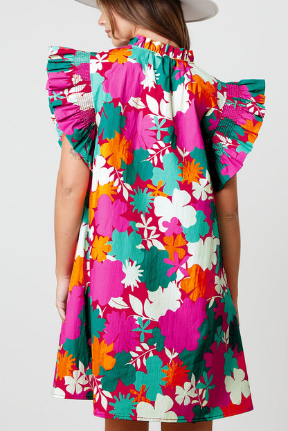 Vibrant floral tie neck mini dress with flutter sleeves