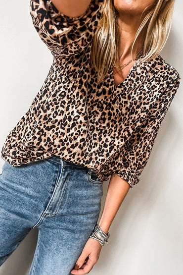 Leopard Notched Half Sleeve Blouse