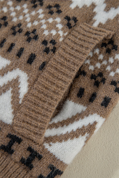 Brown Ribbed Trim Collared Zip-Up Cardigan with Western Print