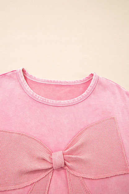 Bright Pink Mineral Wash Big Bow Patchwork Pullover Sweatshirt