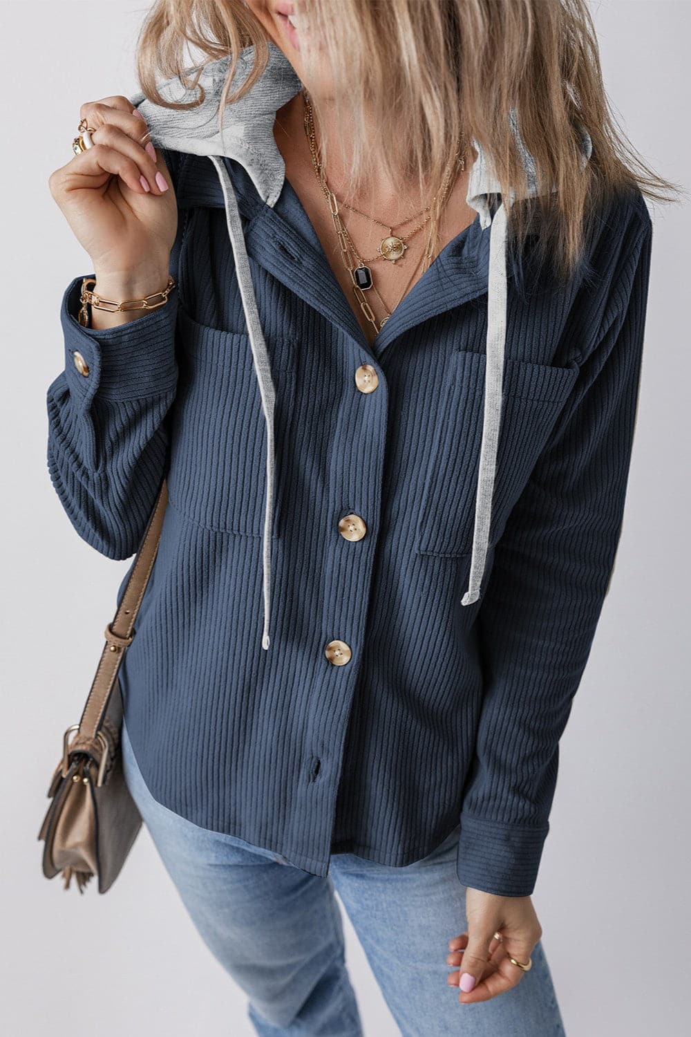 Drawstring Button Up Long Sleeve Hooded Jacket.