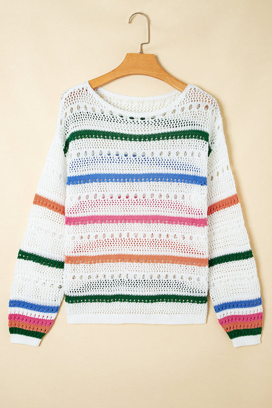 Premium White Color Block Striped Pointelle Knit Sweater Dear-Lover Dropshipping