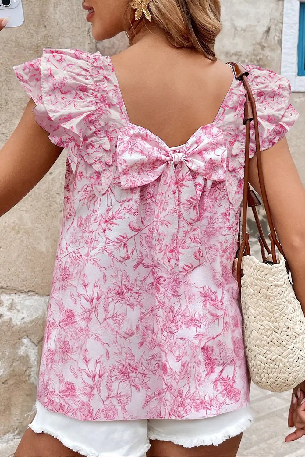 Pink Floral Ruffled Short Sleeve Bow Back Square Neck Blouse Love Salve