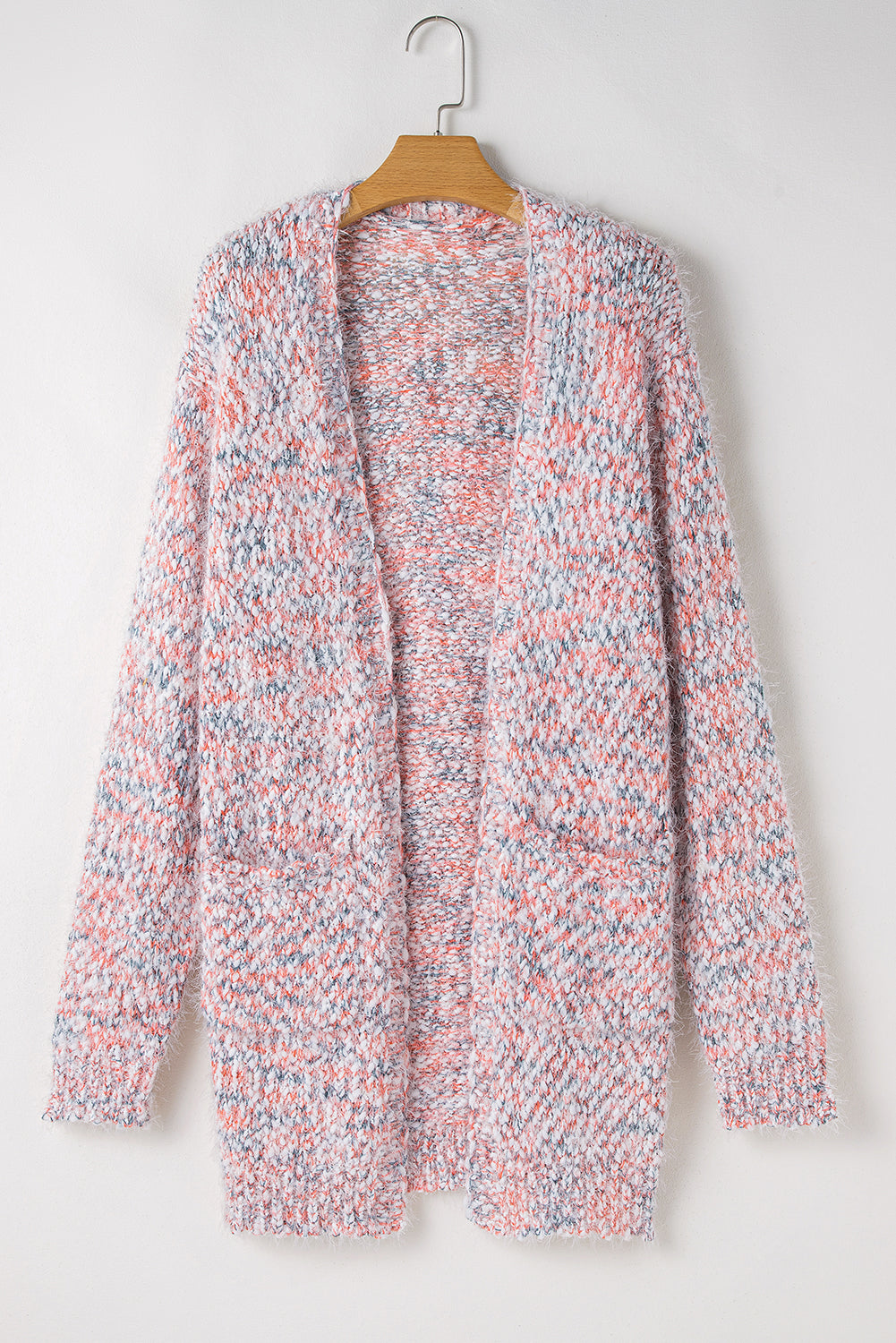 Trendy pink confetti open front cardigan for effortless layering