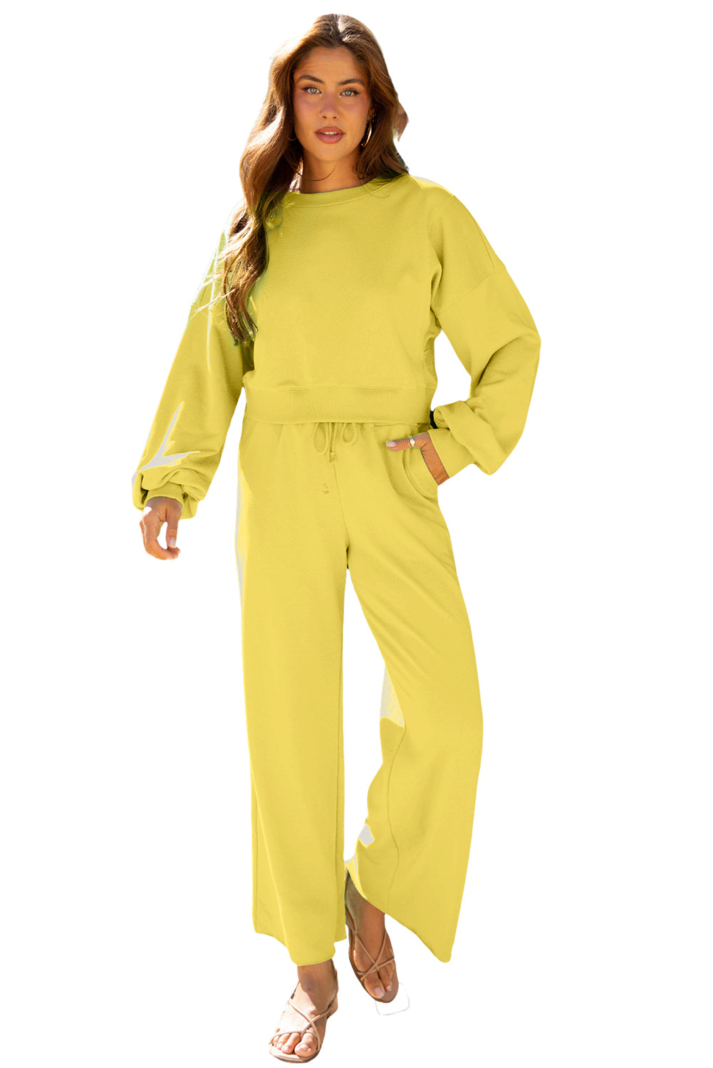Yellow Cream Puff Sleeve Crop Top and Wide Leg Pants