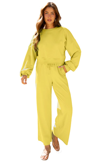 Yellow Cream Puff Sleeve Crop Top and Wide Leg Pants