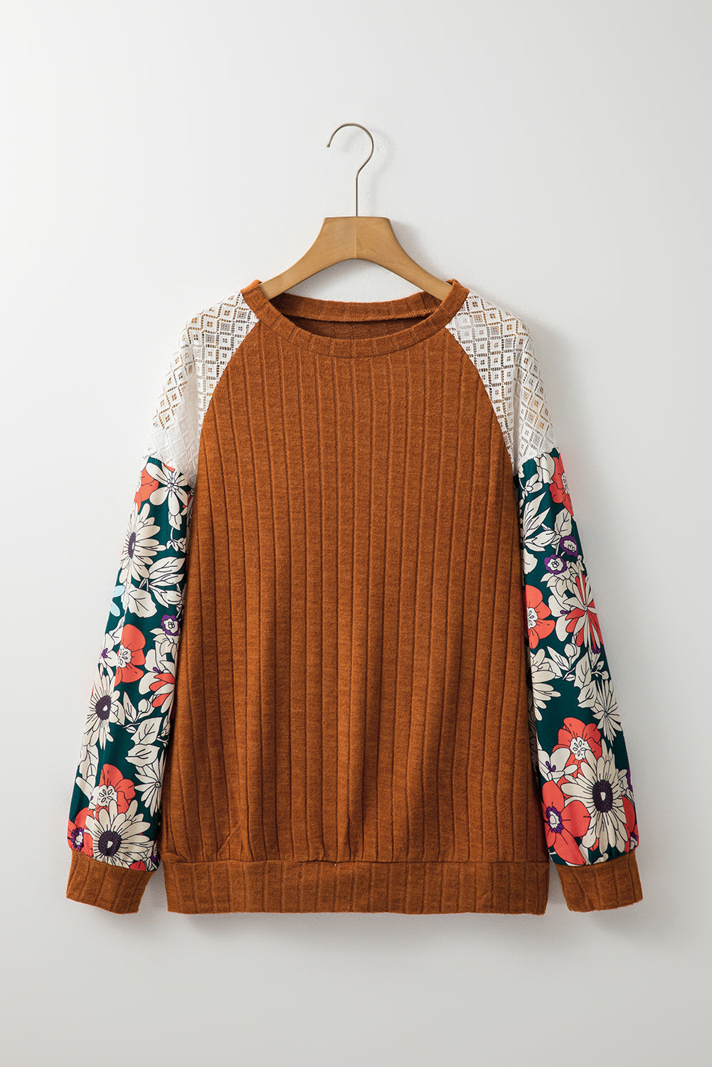 Bailey Patchwork Long Sleeve Ribbed Blouse with Floral Lace Detail - Love Salve 