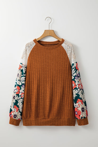 Bailey Patchwork Long Sleeve Ribbed Blouse with Floral Lace Detail - Love Salve 