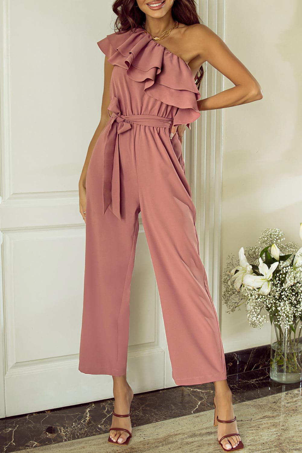 Ruffled Tied One-Shoulder Jumpsuit.