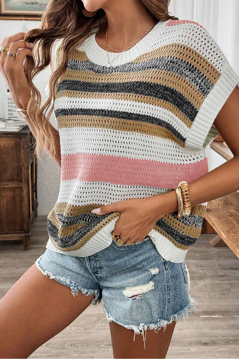 Pink Striped Color Block Eyelet Knit Short Sleeve Tee