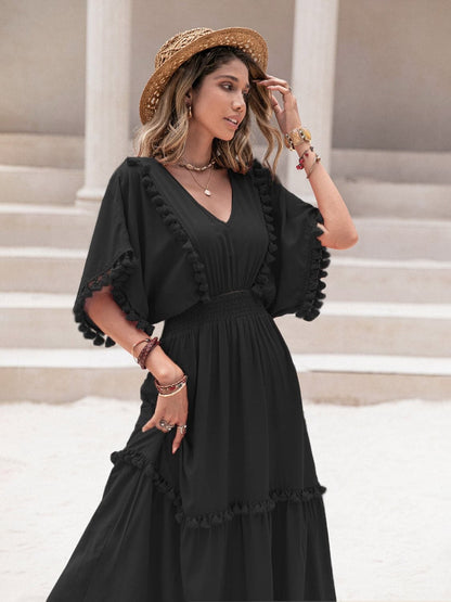 Tassel Trim Smocked V-Neck Short Sleeve Dress.