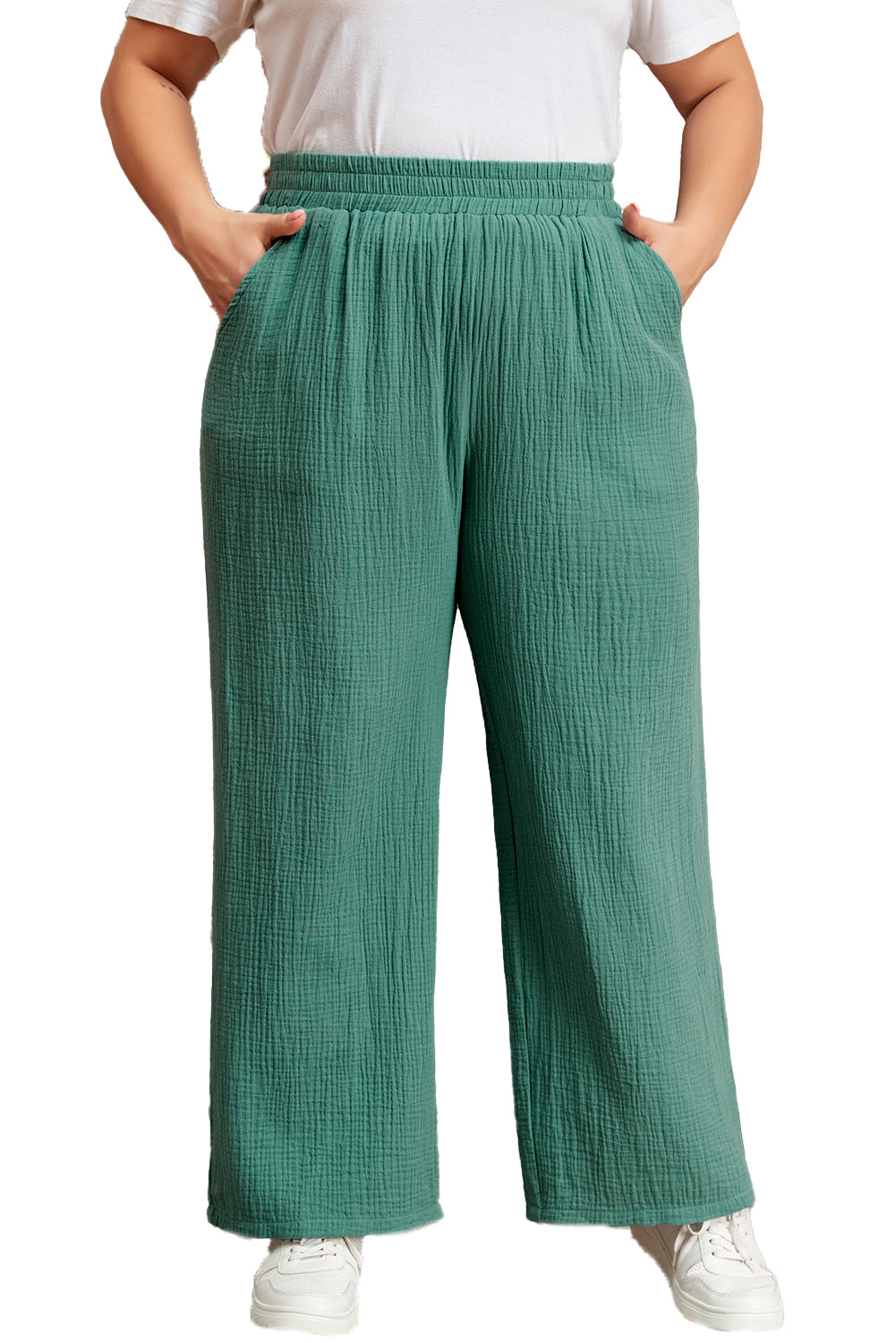 Chic smoke green plus size textured wide leg pants with frayed edges