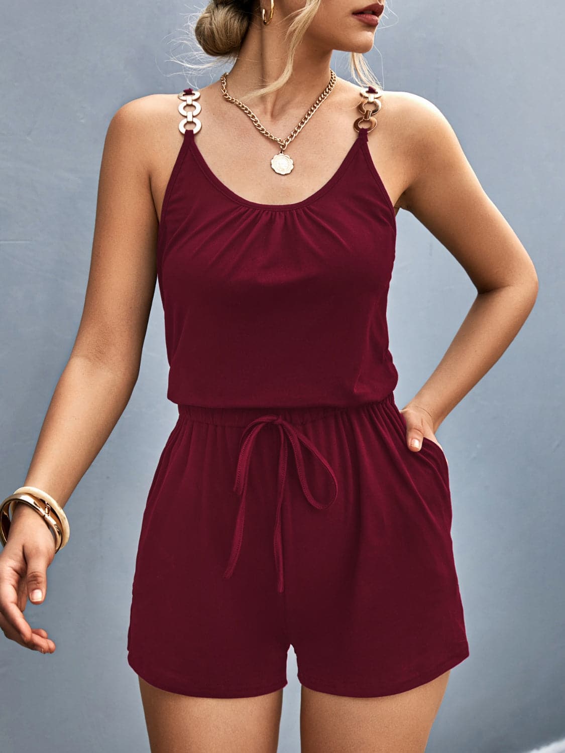 Scoop Neck Romper with Pockets.