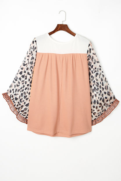 Chic khaki ruffle top with leopard print sleeves and color block design