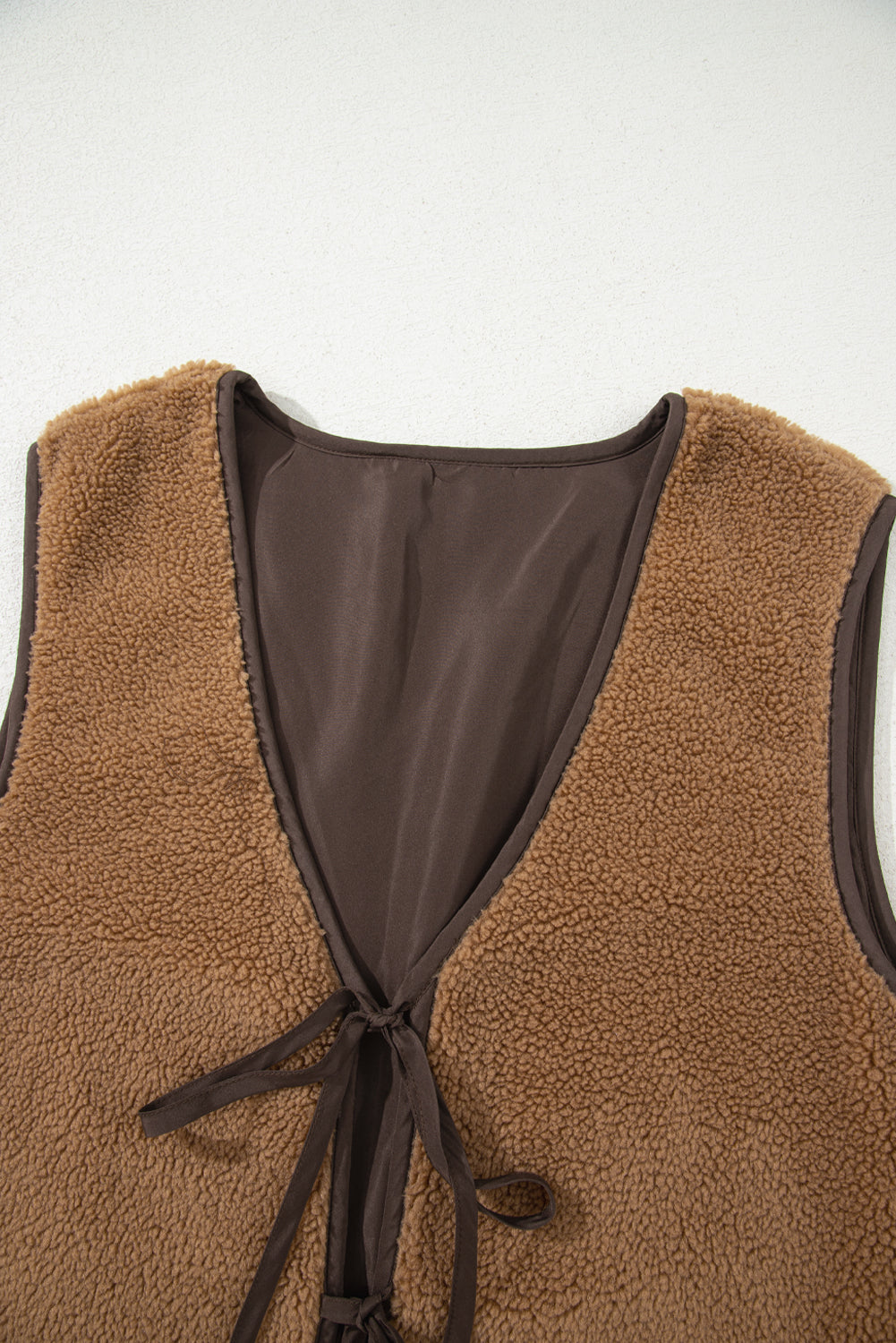 Light French Beige Contrast Trim Tie Front Sherpa Vest Love Salve