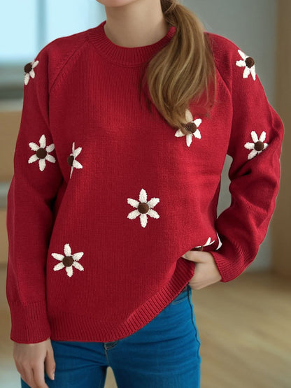 Flower Round Neck Raglan Sleeve Sweater