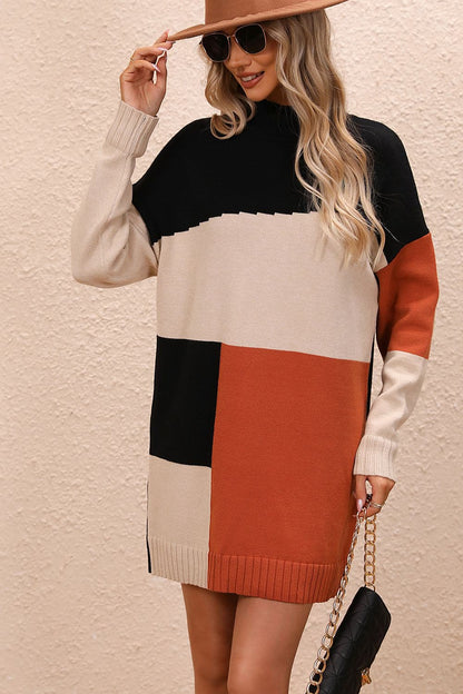 Color Block Mock Neck Dropped Shoulder Sweater Dress.