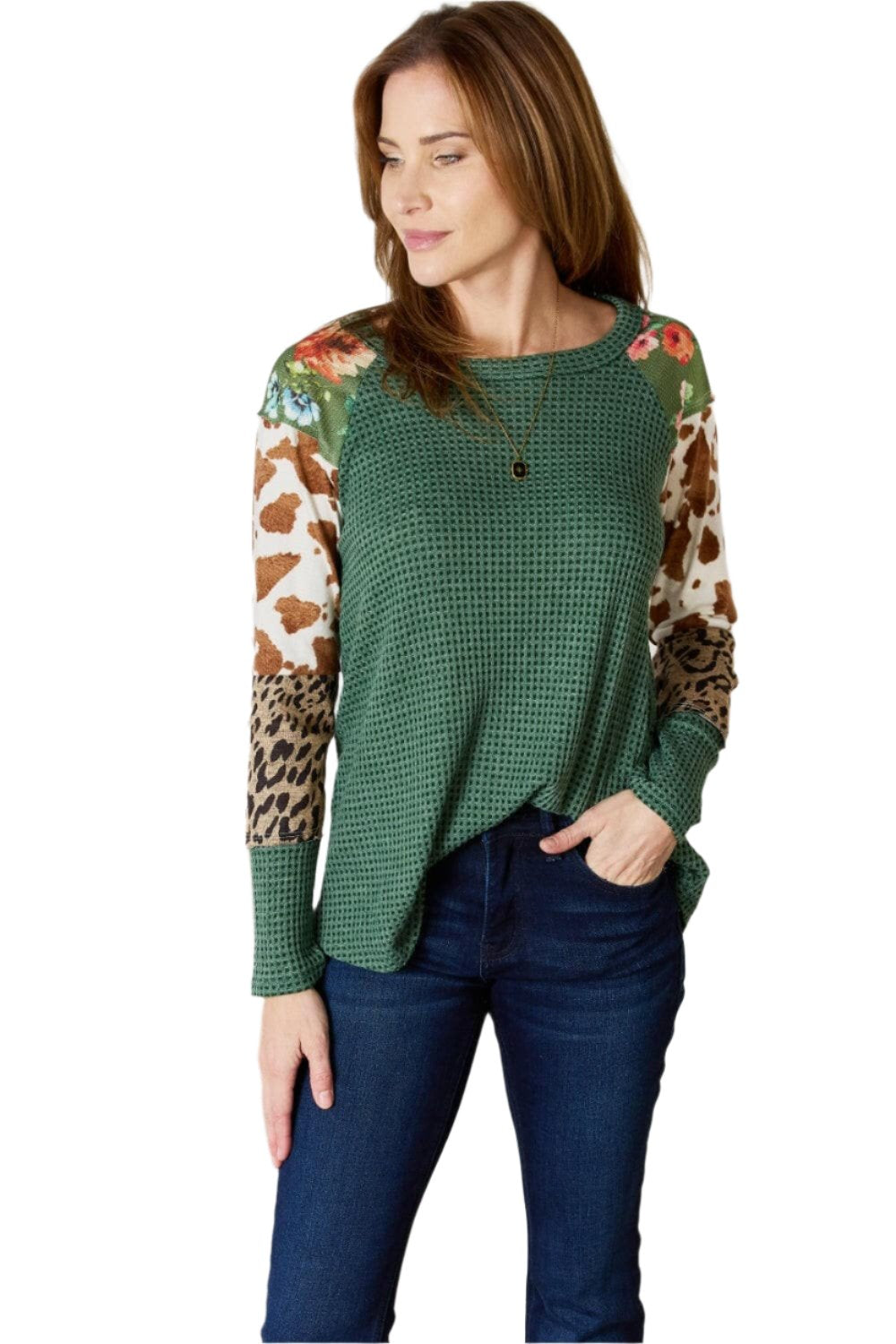 Hailey & Co Full Size Waffle-Knit Leopard Blouse.