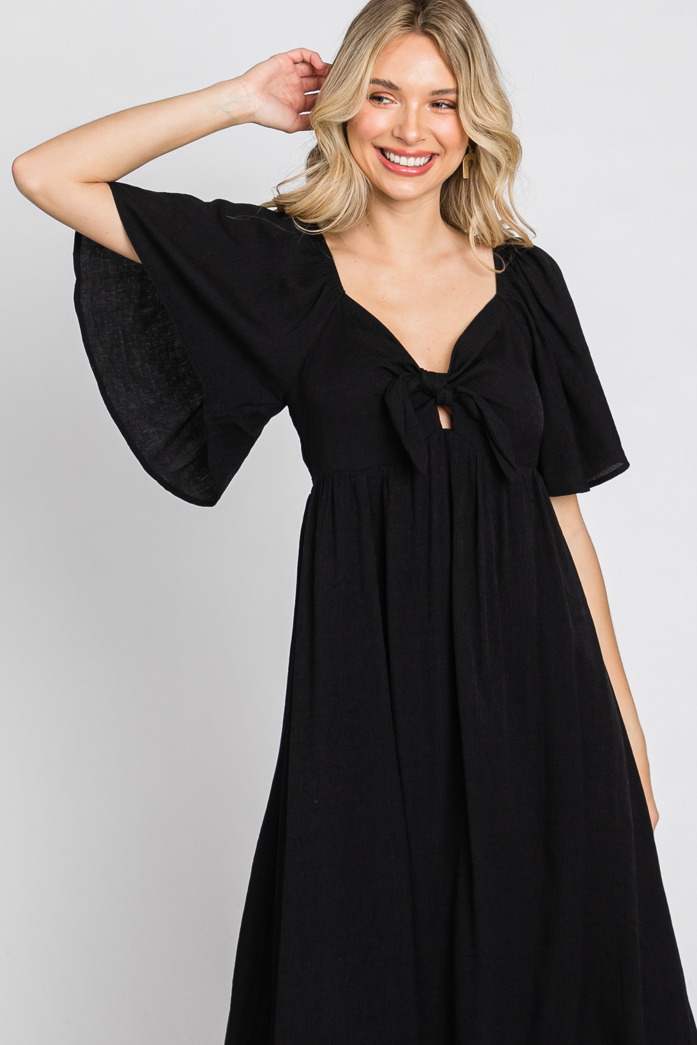 Black Front Tie Ruffle Sleeve Midi Dress PinkBlush