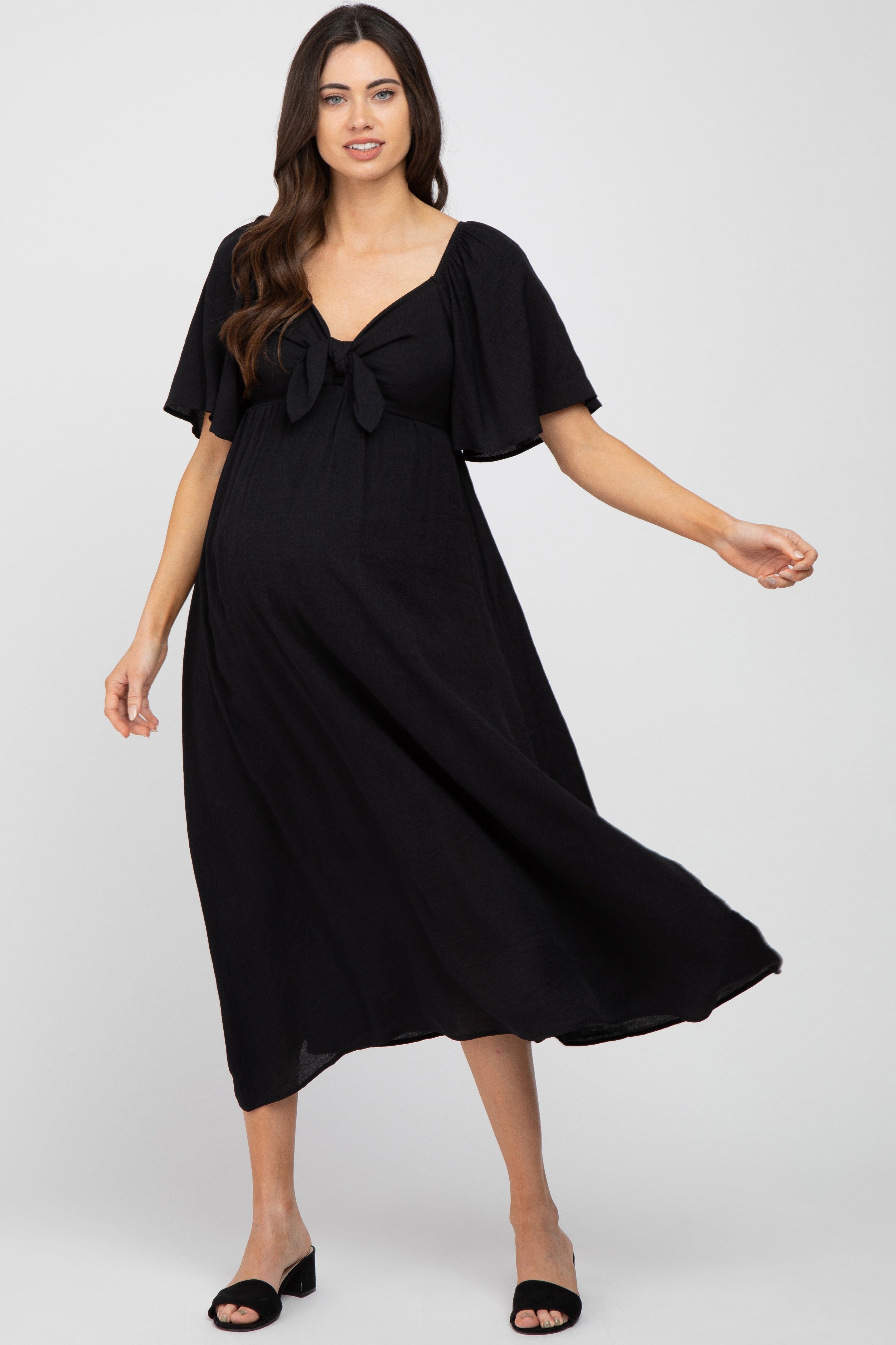 Black Front Tie Ruffle Sleeve Maternity Midi Dress PinkBlush