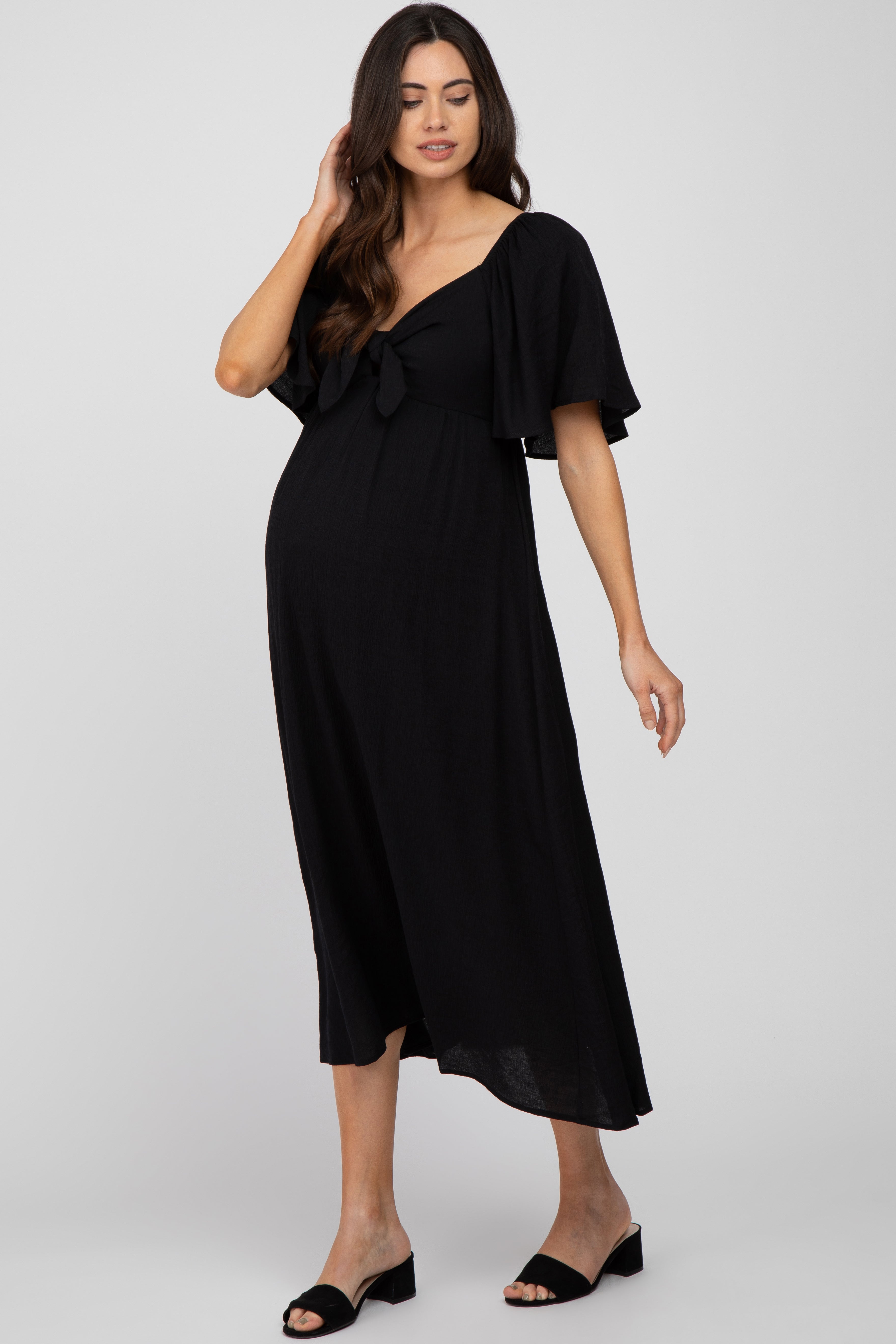 Black Front Tie Ruffle Sleeve Maternity Midi Dress PinkBlush