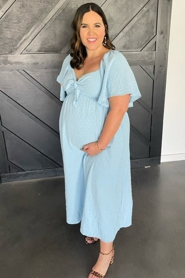 Light Blue Textured Dot Front Tie Ruffle Sleeve Maternity Midi Dress PinkBlush