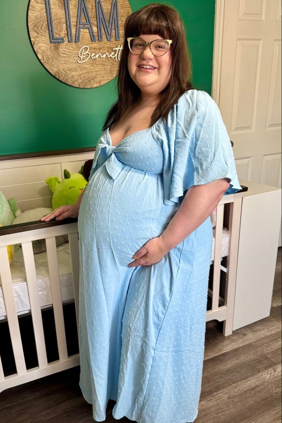 Light Blue Textured Dot Front Tie Ruffle Sleeve Maternity Midi Dress PinkBlush