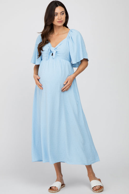 PinkBlush Light Blue Textured Dot Front Tie Ruffle Sleeve Maternity Midi Dress, a stylish and comfortable choice for expectin