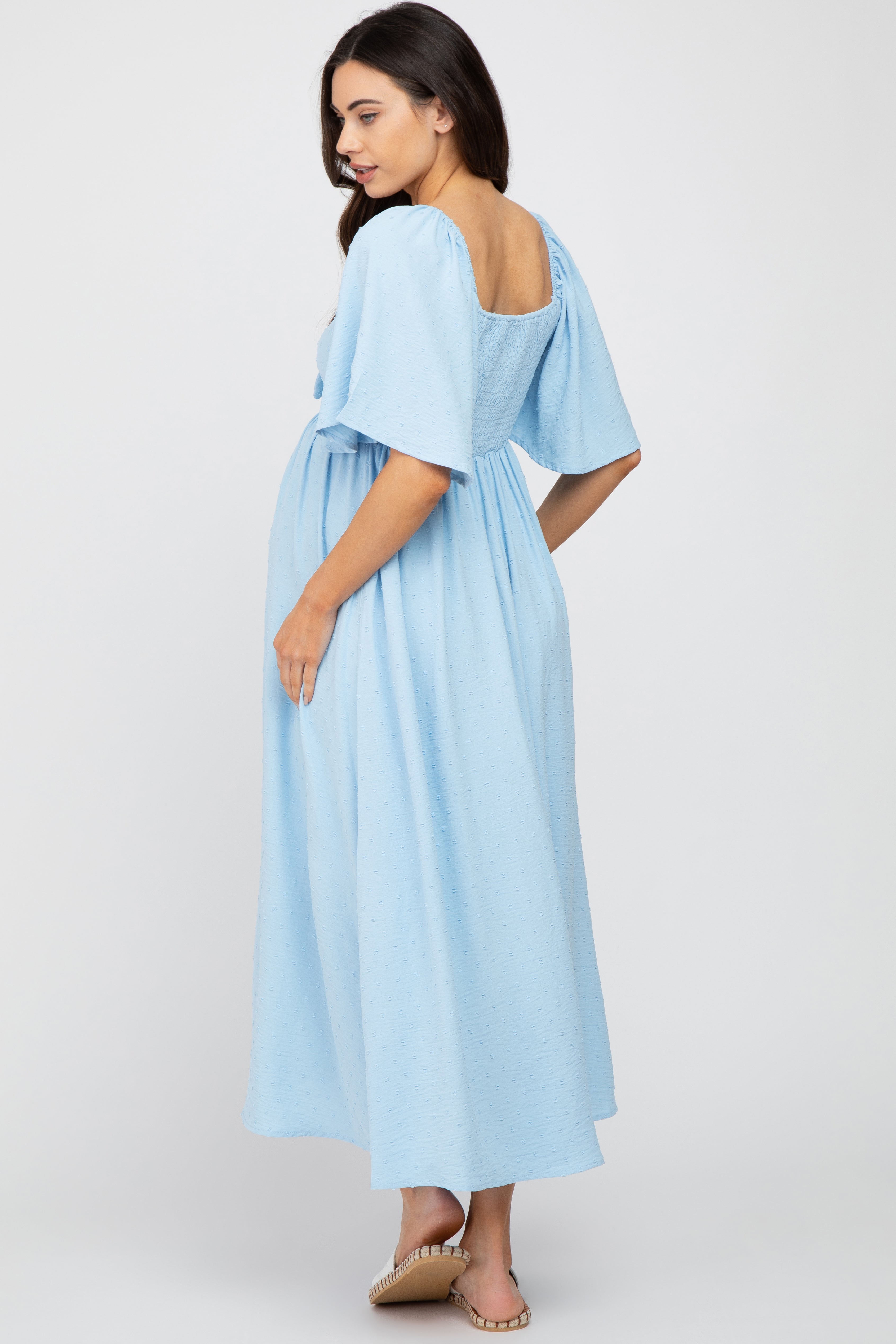 Light Blue Textured Dot Front Tie Ruffle Sleeve Maternity Midi Dress PinkBlush