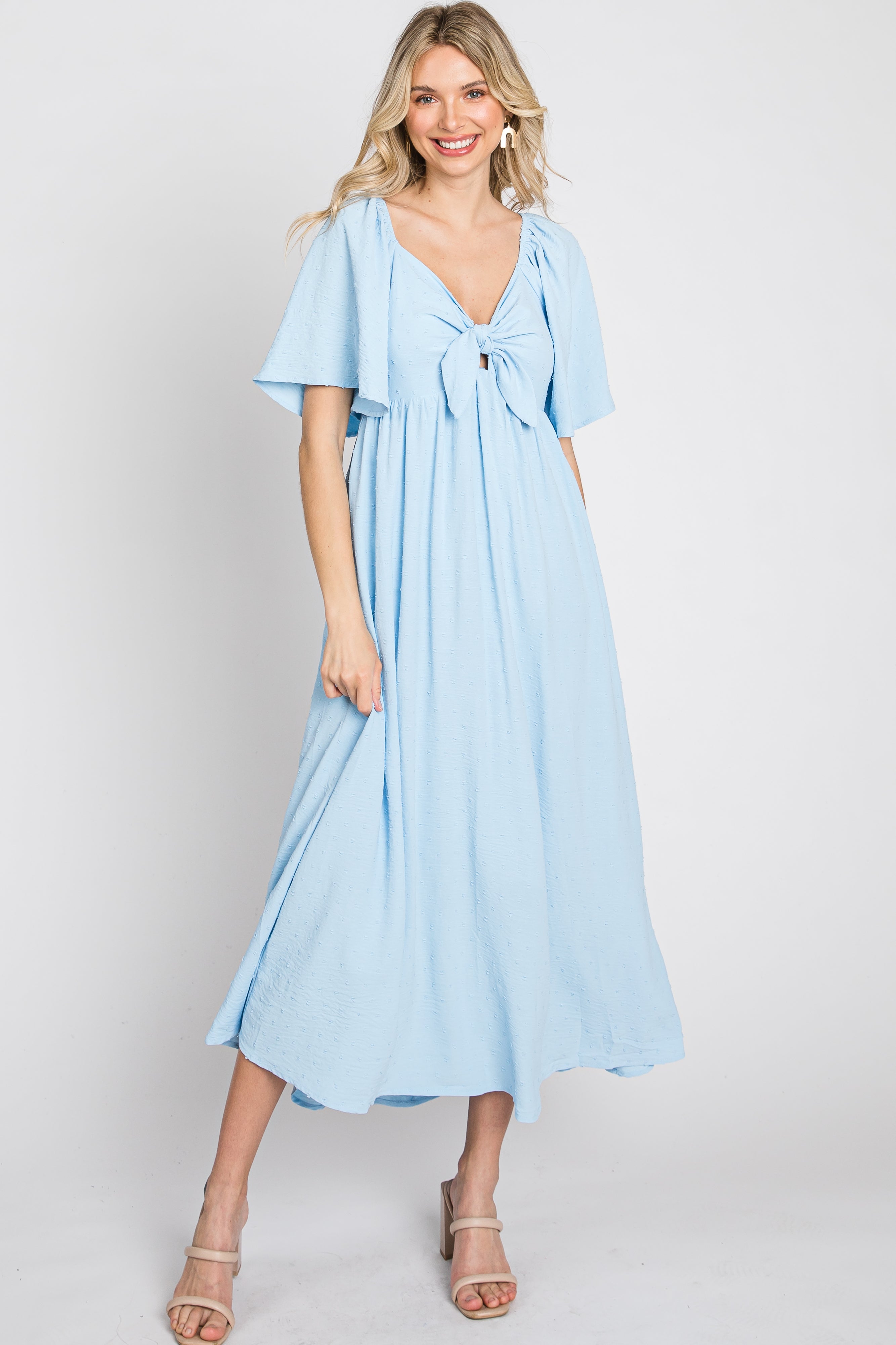 Light Blue Textured Dot Front Tie Ruffle Sleeve Maternity Midi Dress PinkBlush