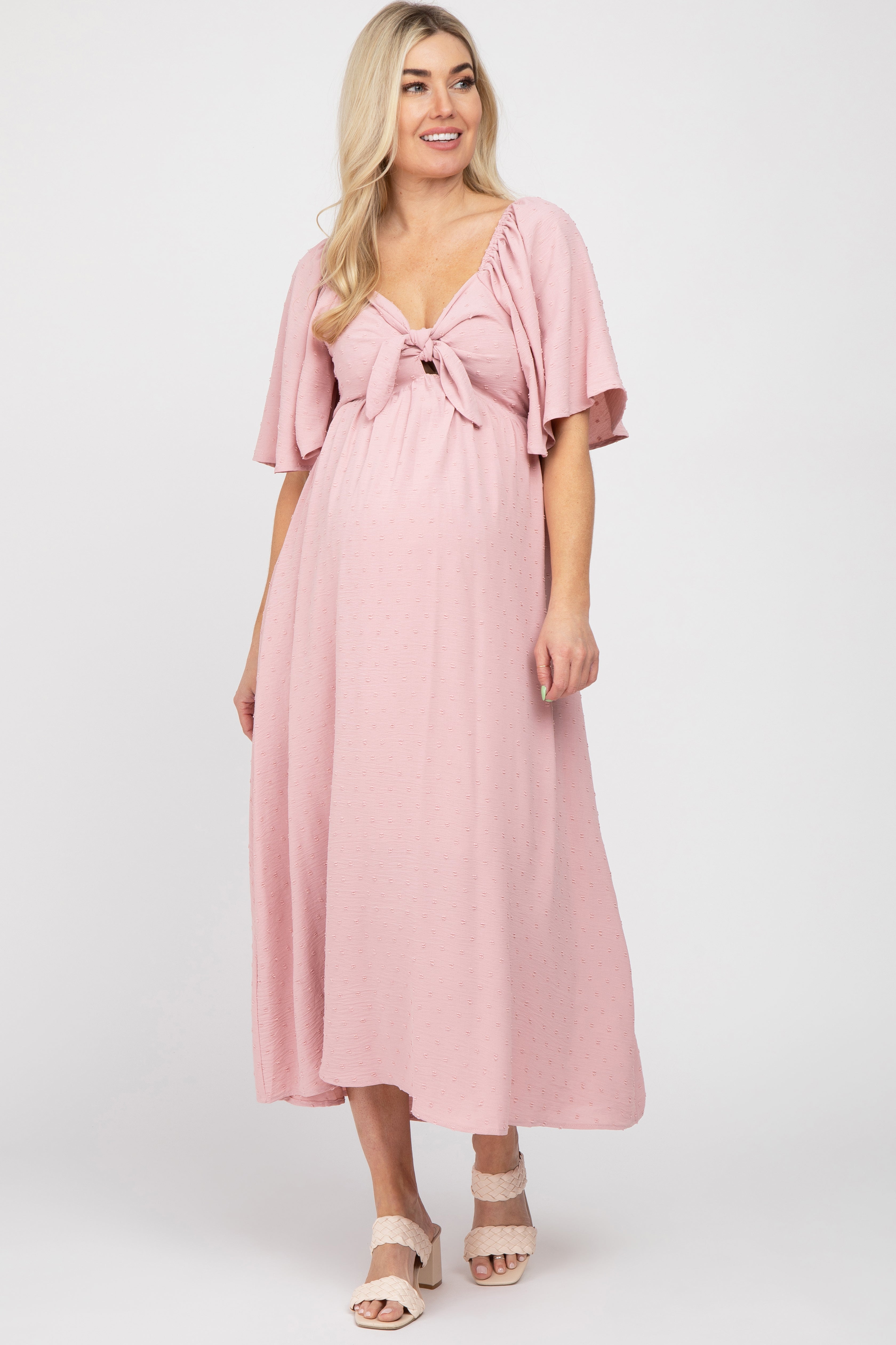 Mauve Textured Dot Front Tie Ruffle Sleeve Maternity Midi Dress PinkBlush
