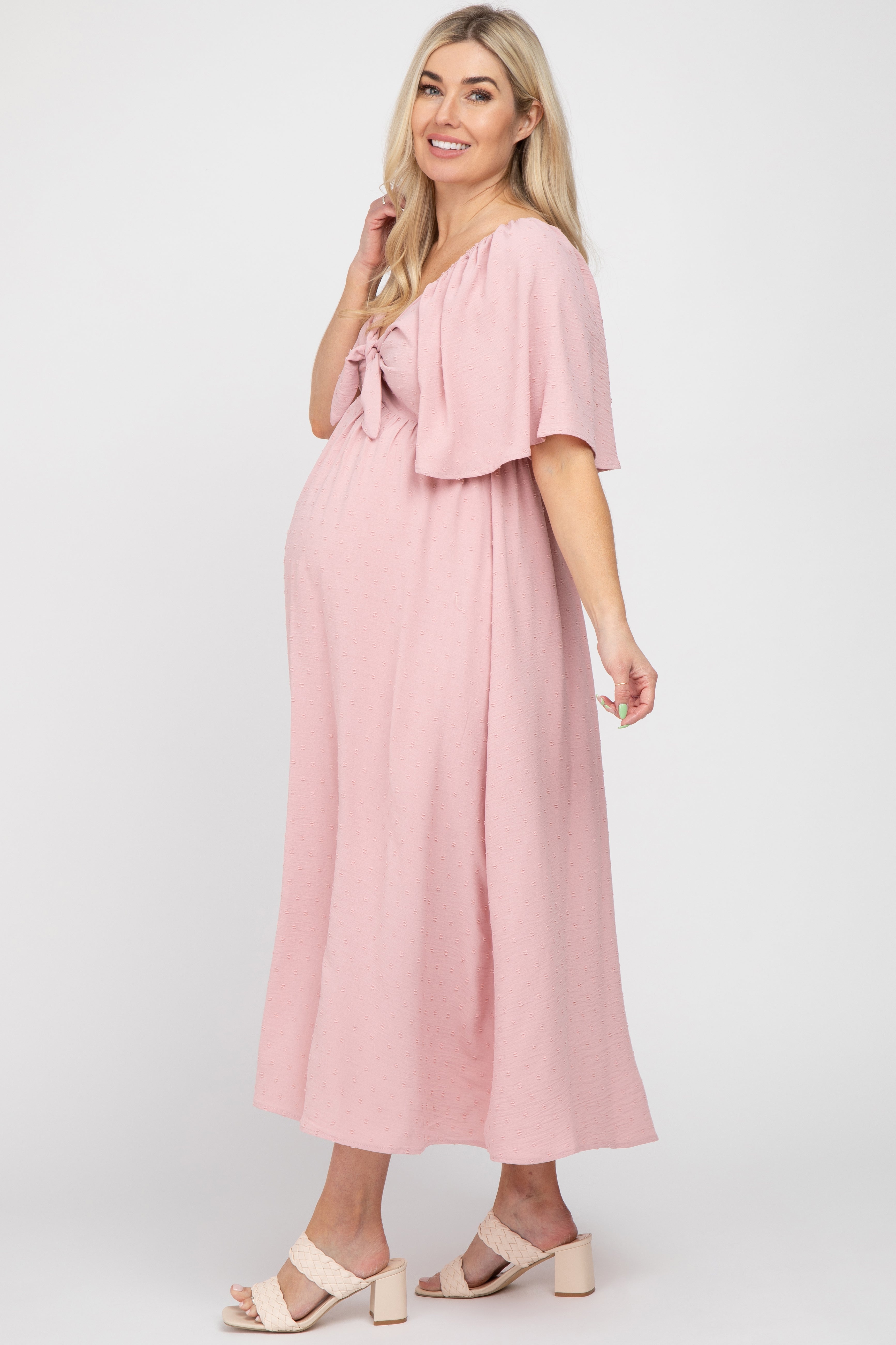 Mauve Textured Dot Front Tie Ruffle Sleeve Maternity Midi Dress PinkBlush
