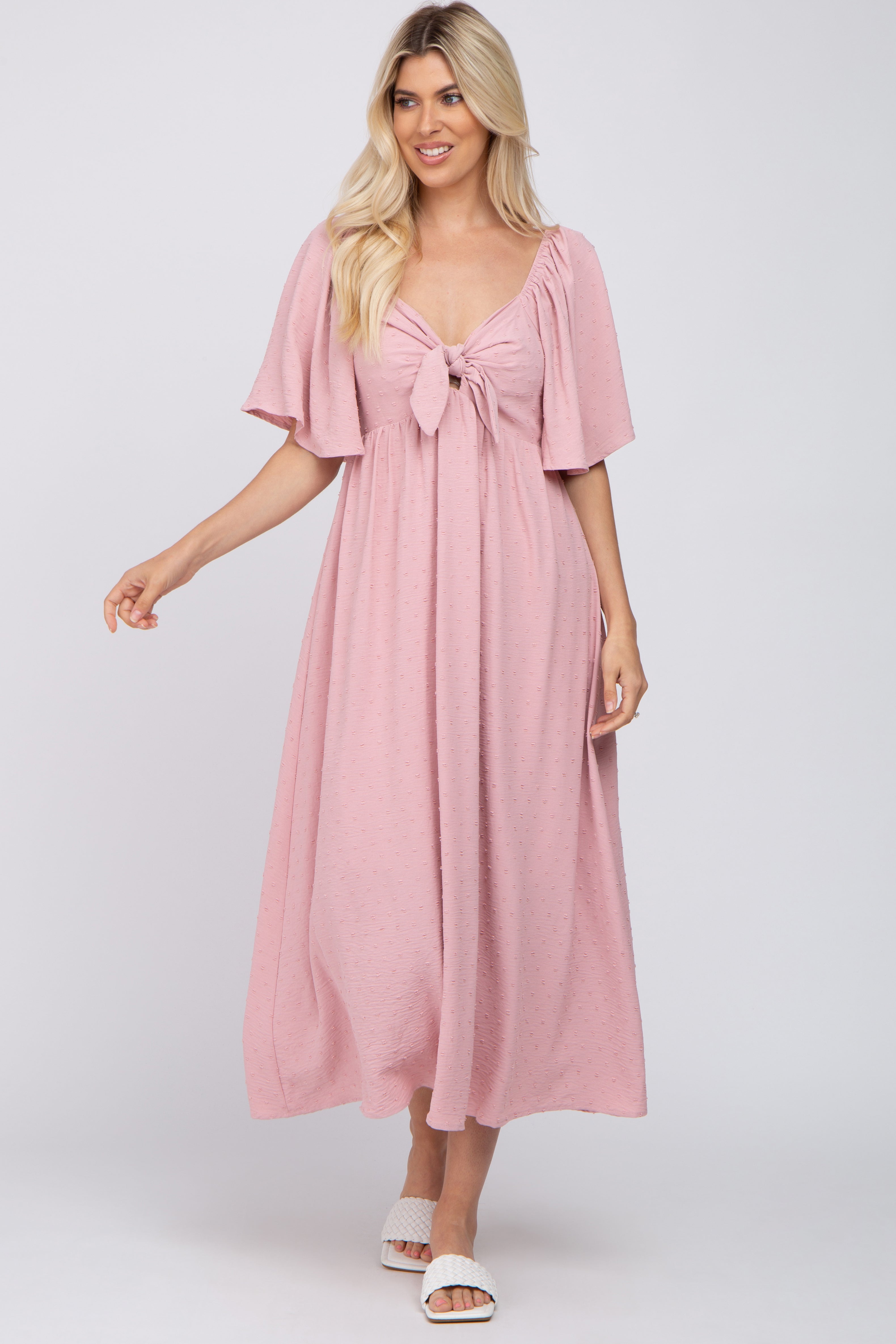 Mauve Textured Dot Front Tie Ruffle Sleeve Maternity Midi Dress PinkBlush