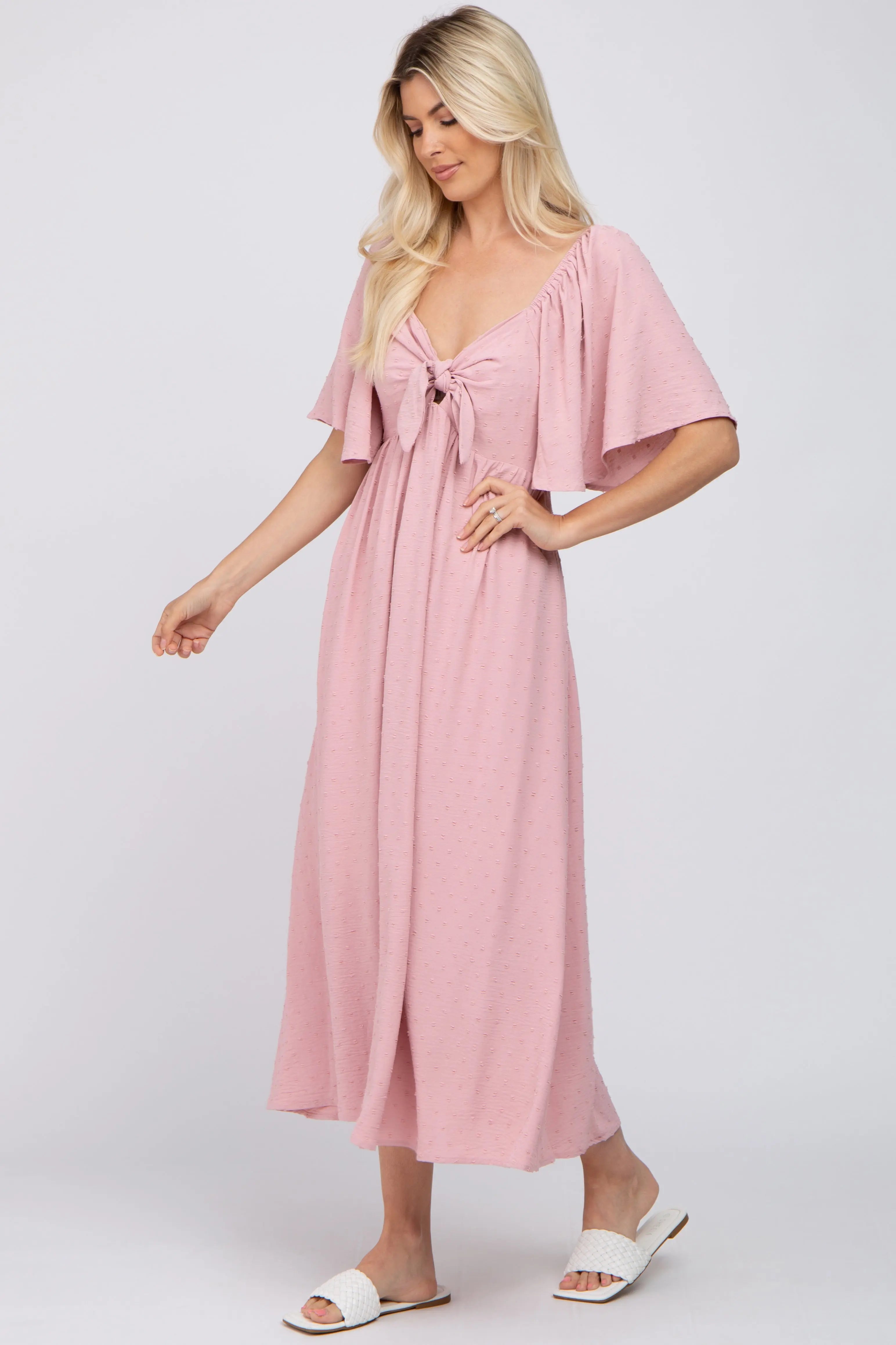 Mauve Textured Dot Front Tie Ruffle Sleeve Midi Dress PinkBlush
