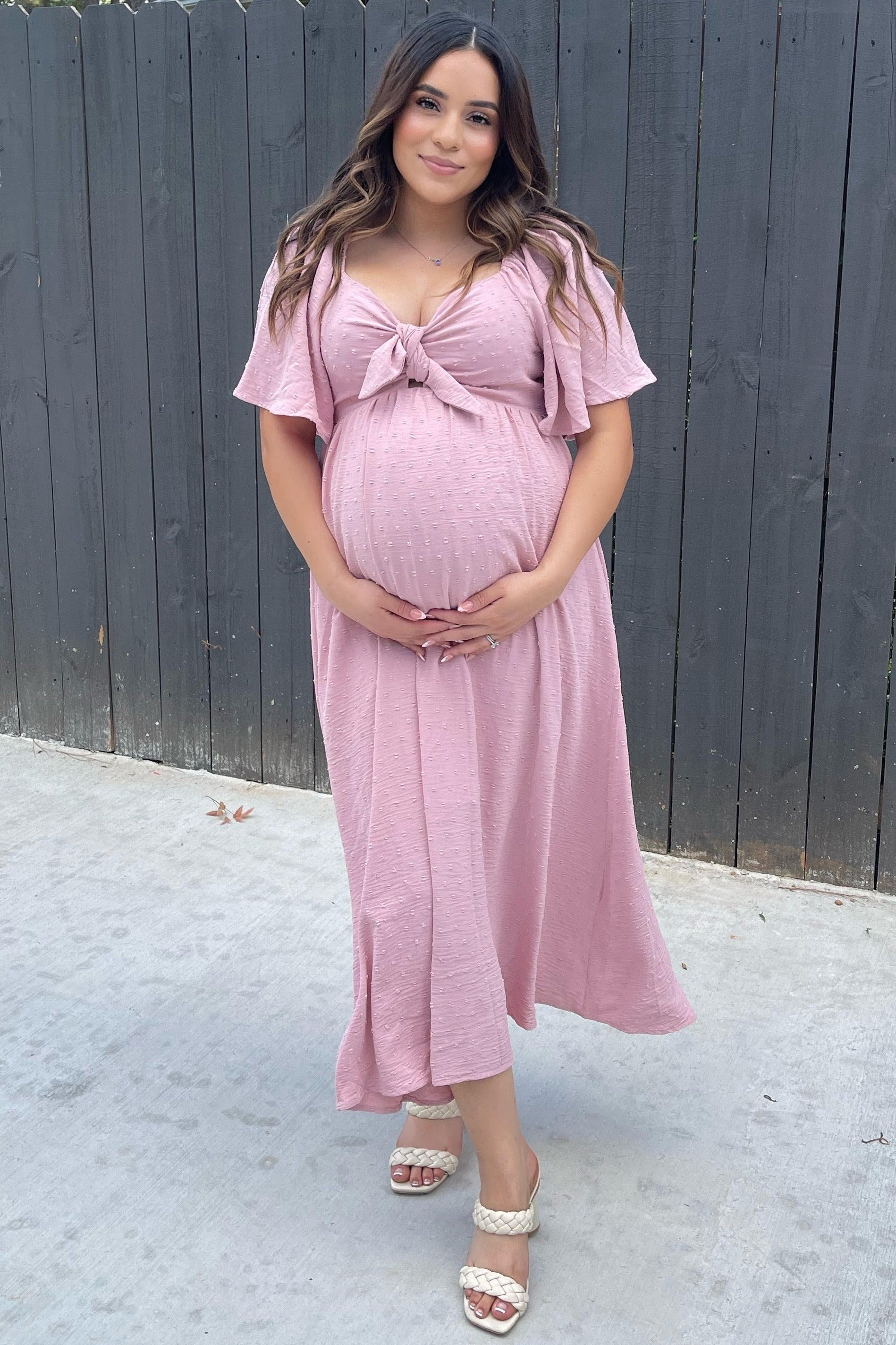 Mauve Textured Dot Front Tie Ruffle Sleeve Maternity Midi Dress PinkBlush