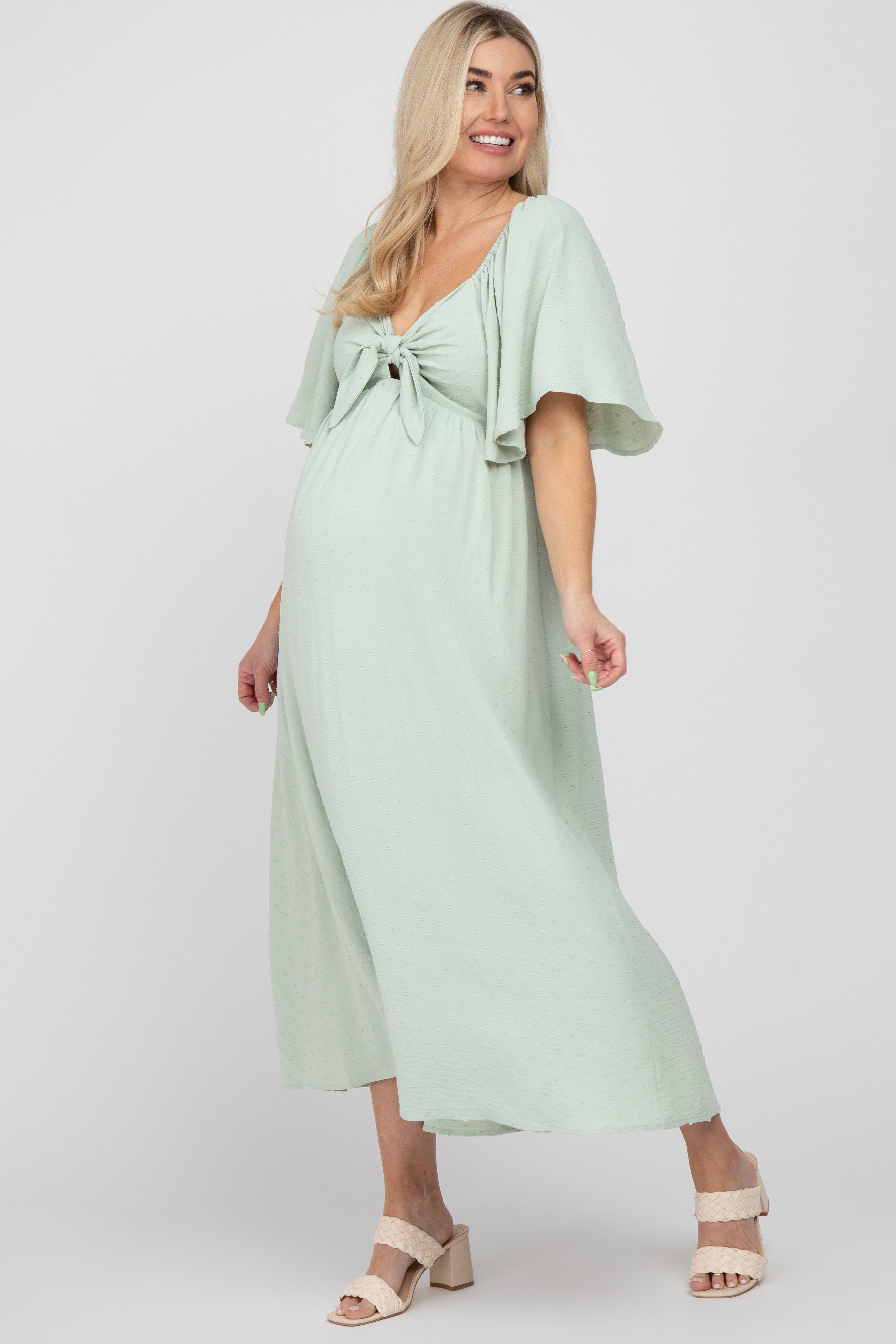 Mint Green Textured Dot Front Tie Maternity Midi Dress With Ruffle
