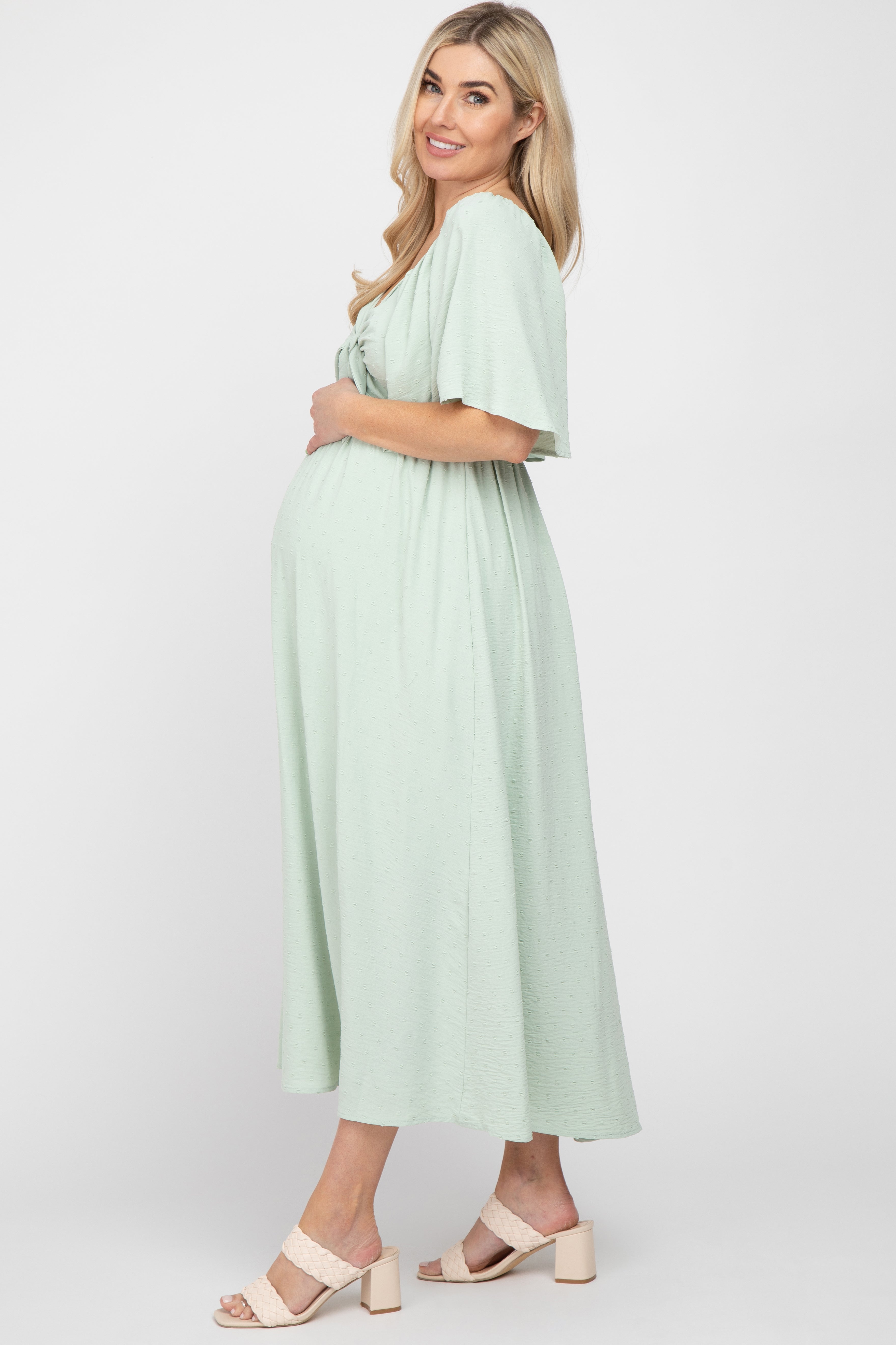 Mint Green Textured Dot Front Tie Ruffle Sleeve Maternity Midi Dress PinkBlush