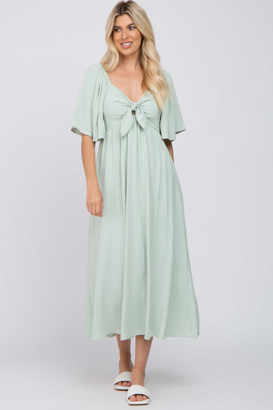 Mint Green Textured Dot Front Tie Midi Dress With Ruffle Sleeves PinkBlush
