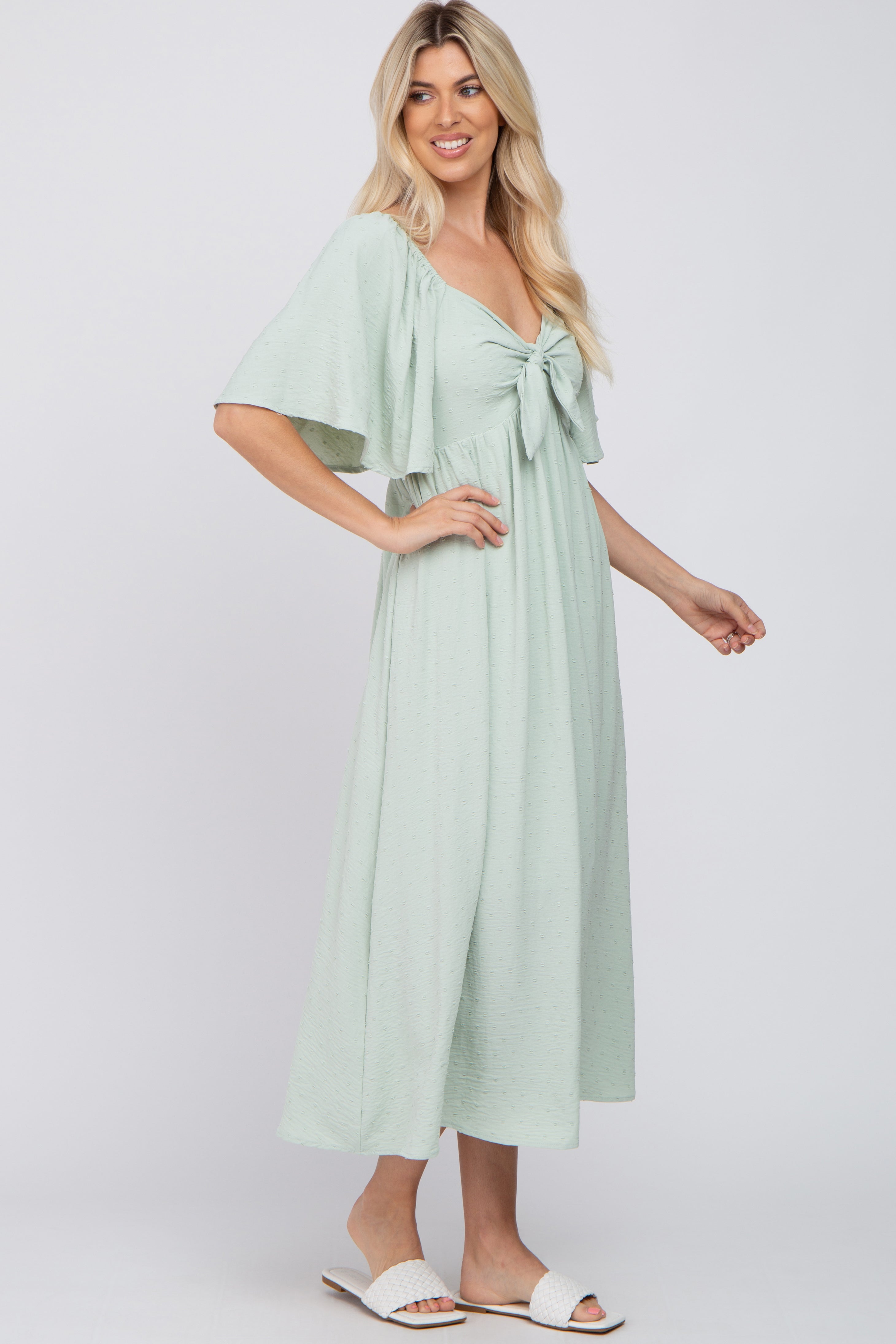 Mint Green Textured Dot Front Tie Midi Dress With Ruffle Sleeves PinkBlush