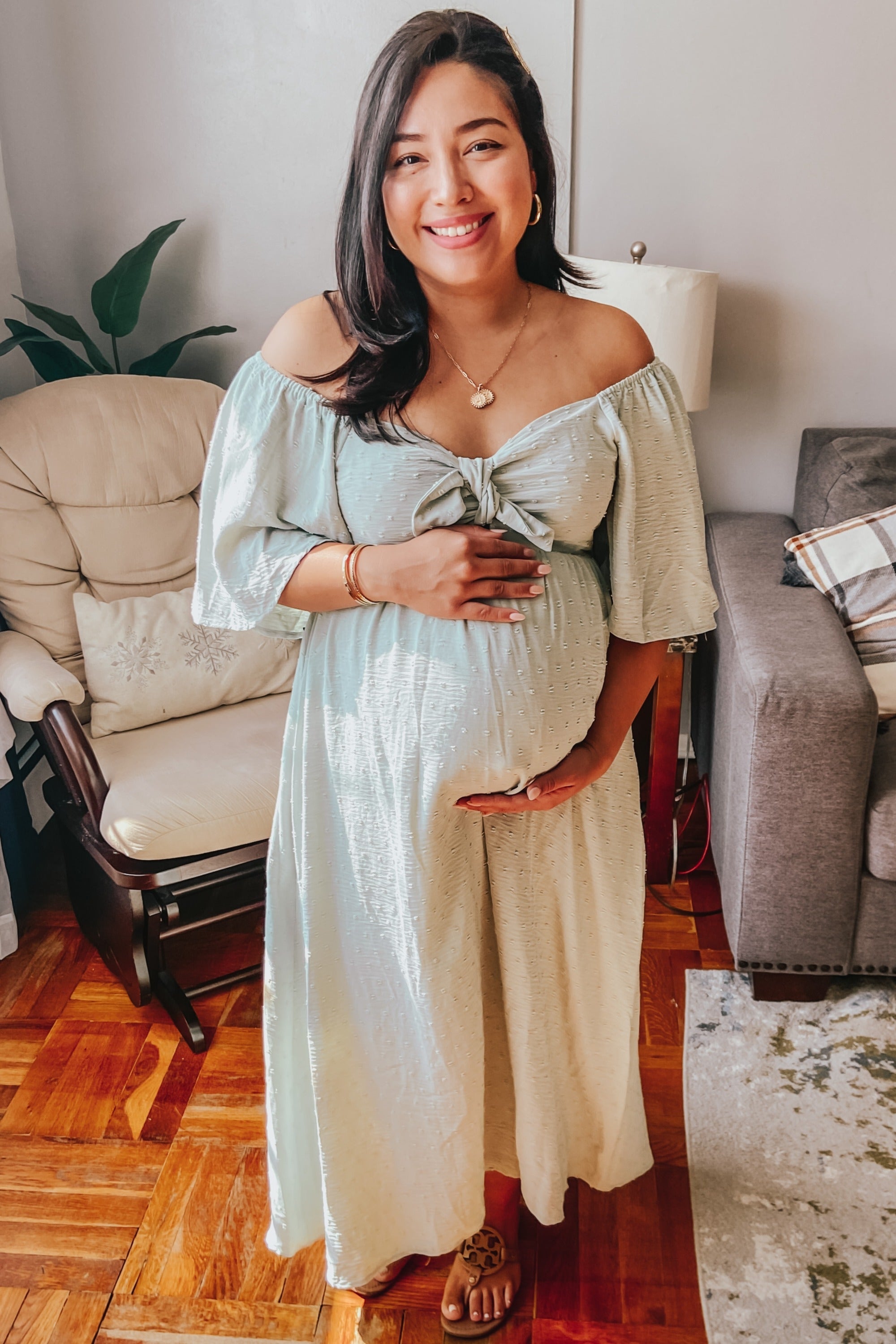 Mint Green Textured Dot Front Tie Maternity Midi Dress With Ruffle