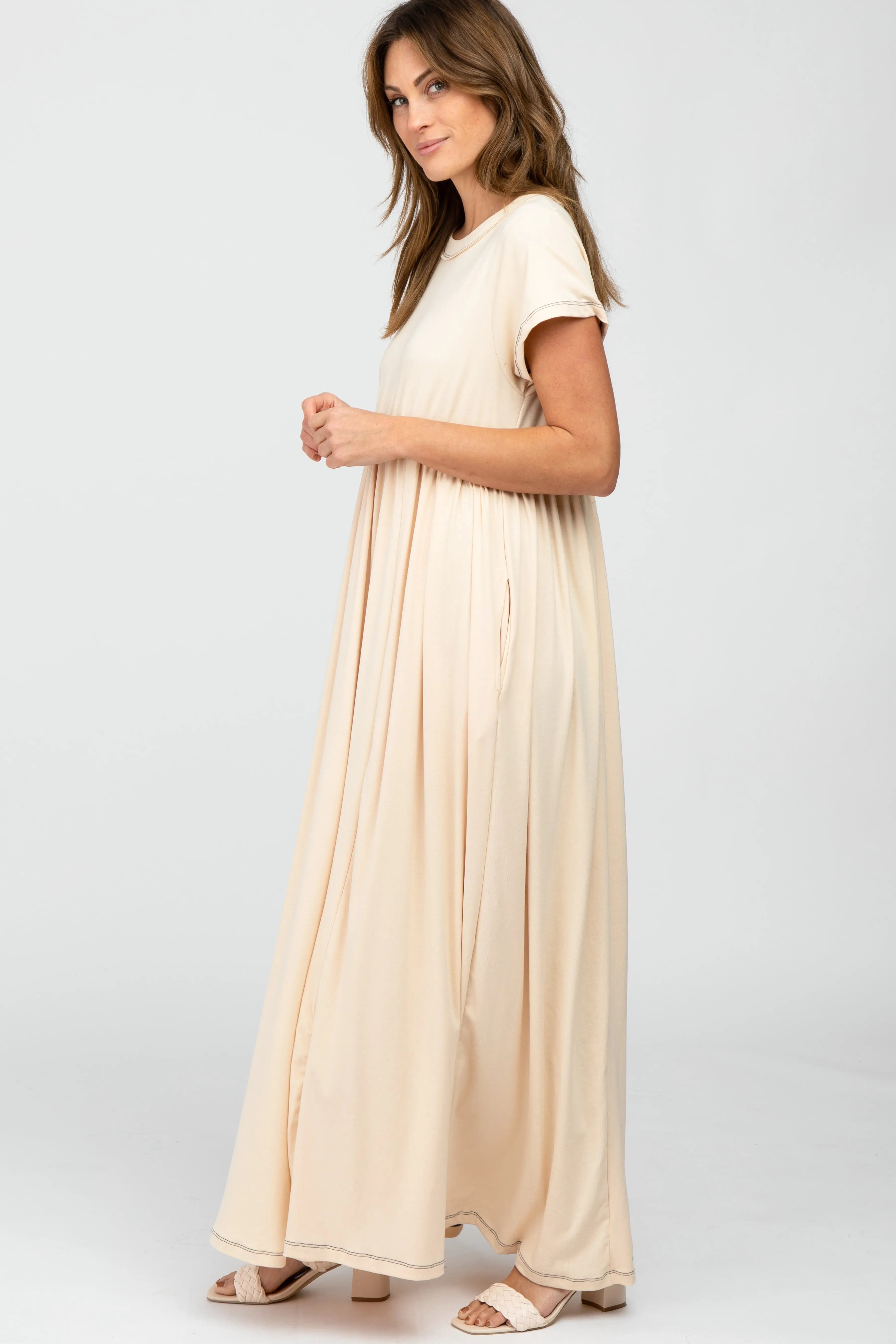Beige Knit Babydoll Maxi Dress With Crew Neck Empire Waist Pockets PinkBlush