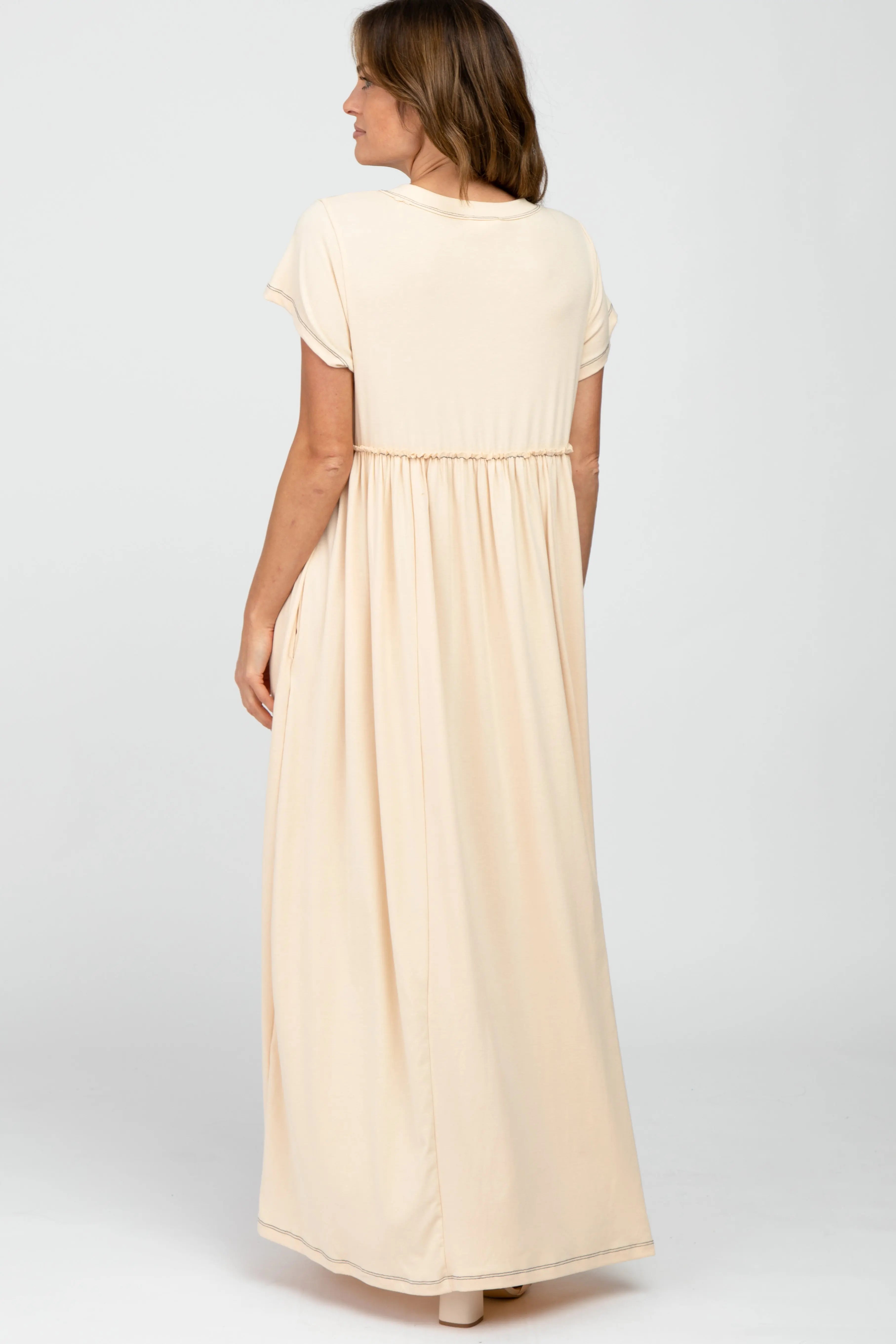 Beige Knit Babydoll Maxi Dress With Crew Neck Empire Waist Pockets PinkBlush