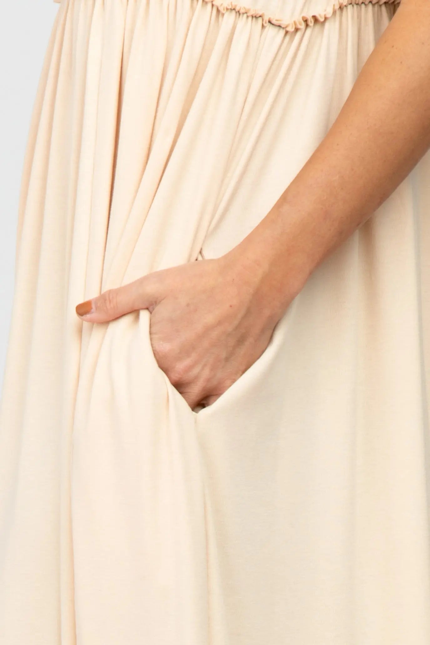 Beige Knit Babydoll Maxi Dress With Crew Neck Empire Waist Pockets PinkBlush