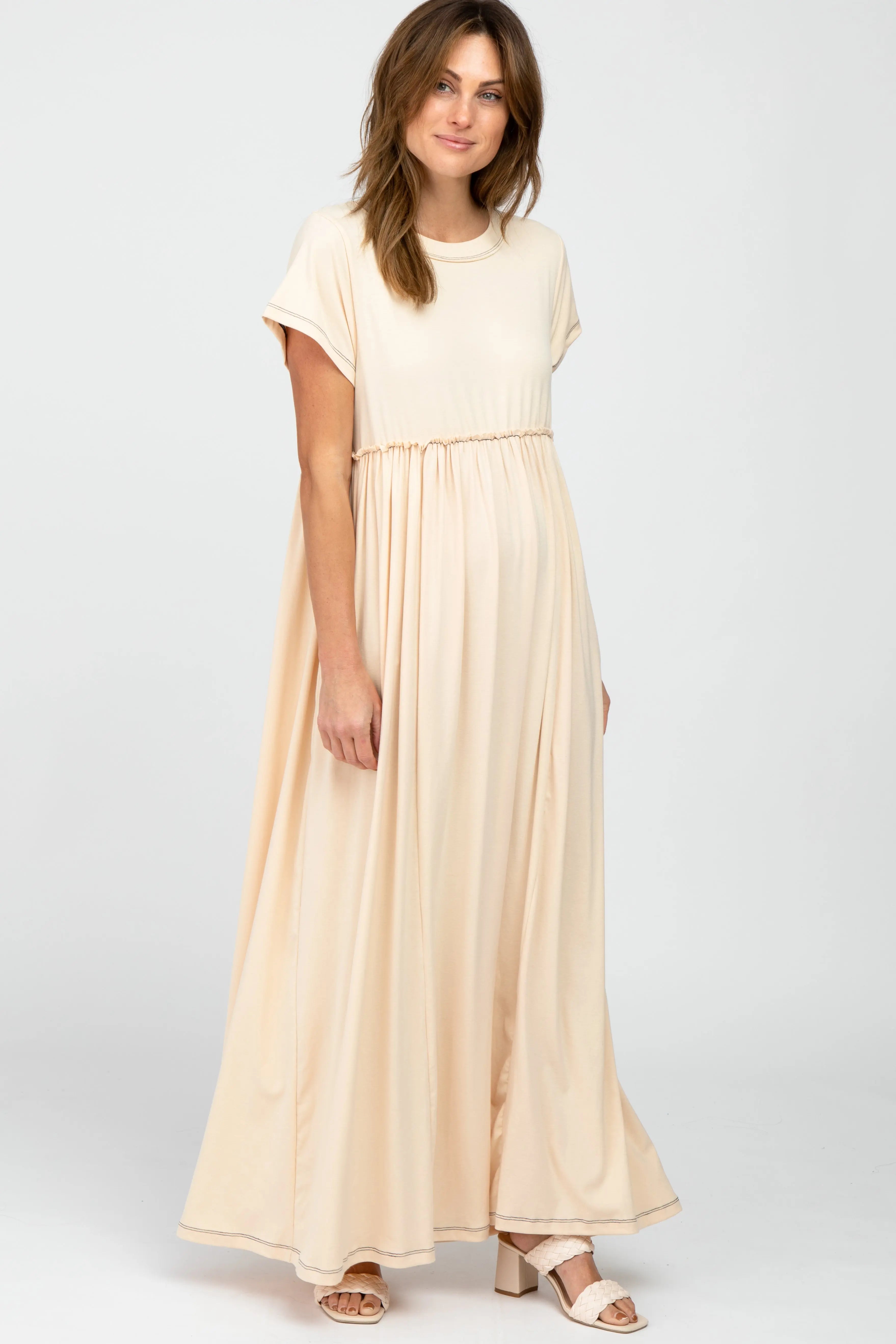 Beige Knit Babydoll Maxi Dress With Crew Neck Empire Waist Pockets PinkBlush