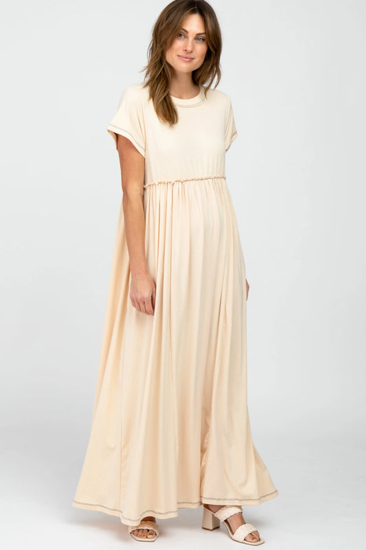 Beige Knit Babydoll Maxi Dress With Crew Neck Empire Waist Pockets PinkBlush