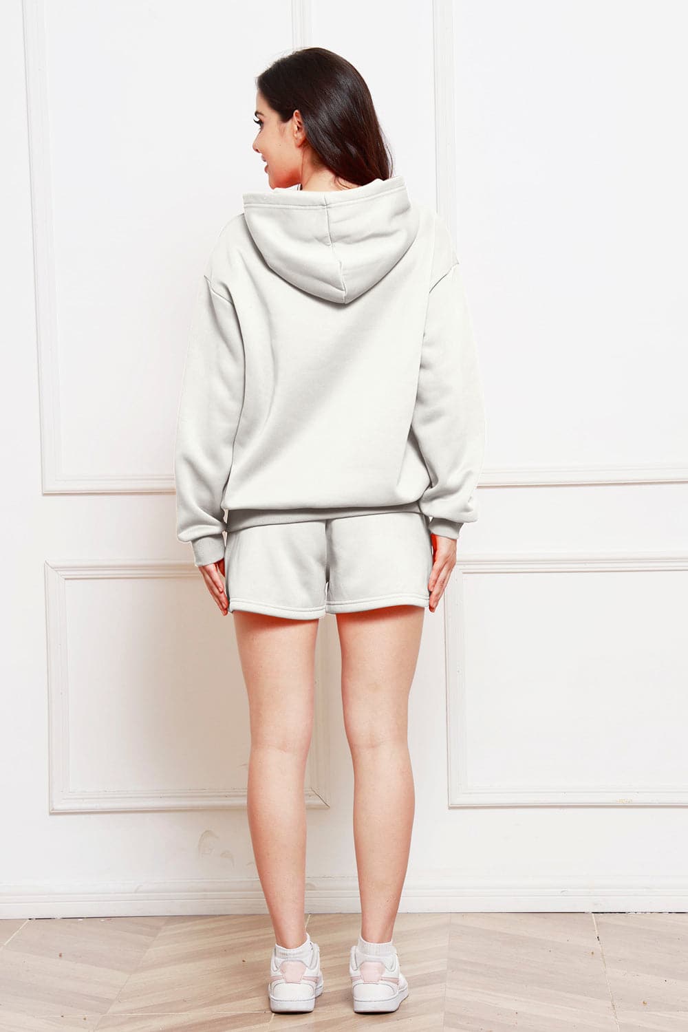 Drop Shoulder Long Sleeve Hoodie and Shorts Set.