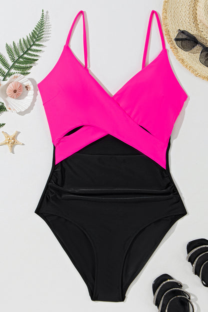 Chic rose red cutout colorblock monokini with crossover design