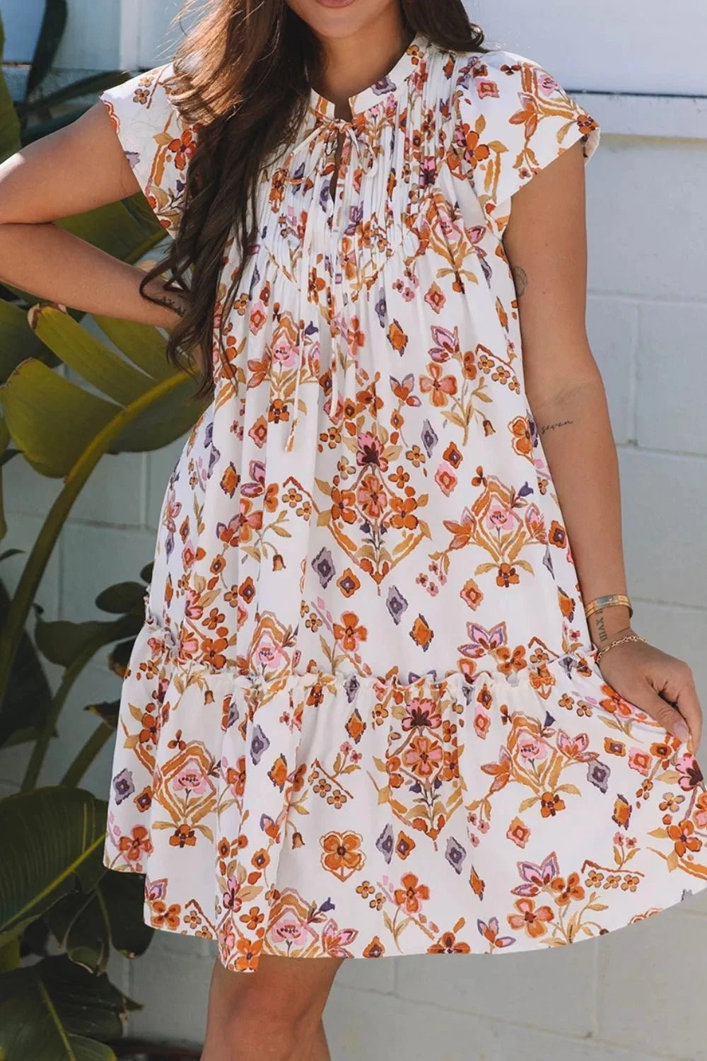 Printed Tie Neck Cap Sleeve Mini Dress Simply Love